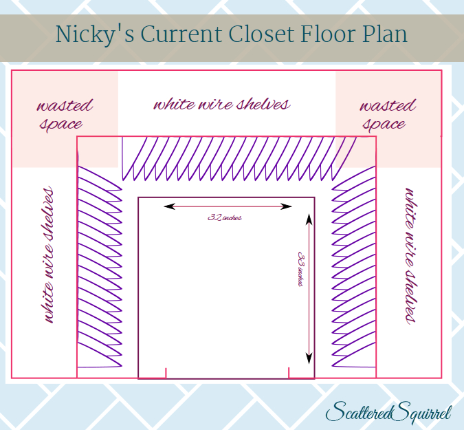 bird's eye view of a small walk in closet from ScatteredSquirrel.com