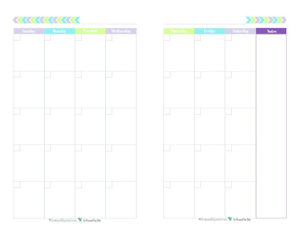 Blank 2 Page Per Month Calendar Half Size Green. Blue, Purple