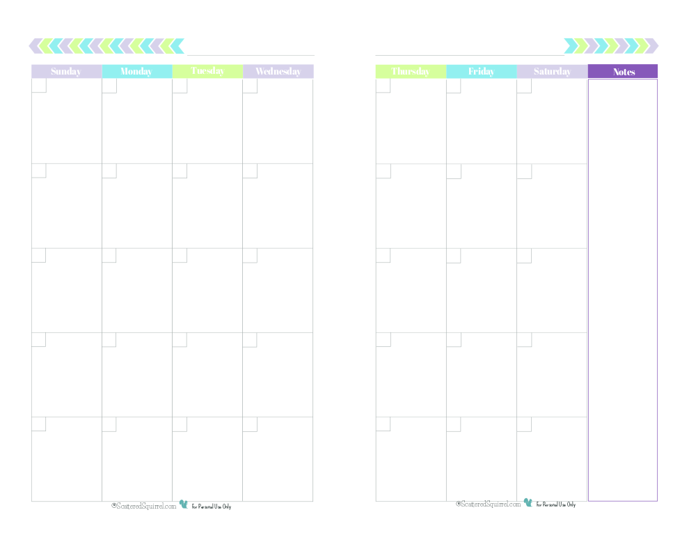 Blank 2 Page Per Month Calendar Half Size Green Blue Purple 