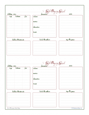 Gift buying guide planner, with room to note each person's clothing sizes, favourite things, and make notes to remember for next year.