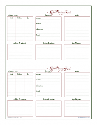 Gift buying guide planner, with room to note each person's clothing sizes, favourite things, and make notes to remember for next year.