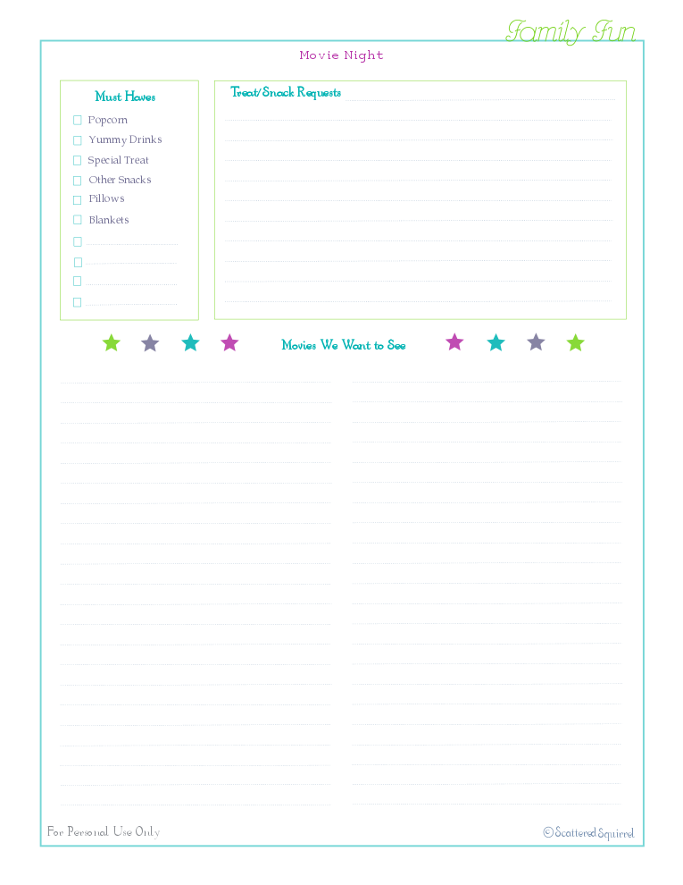 free printable, home management binder, family section, movie list