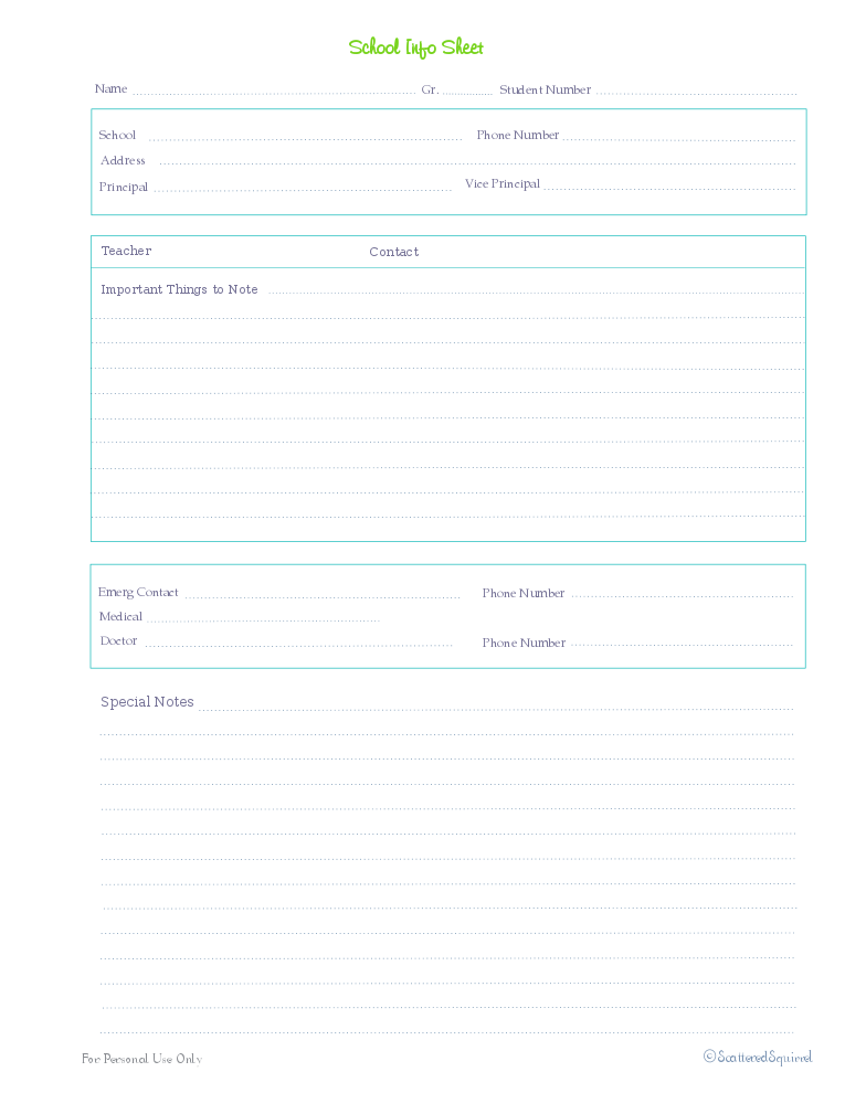 free printable, home management binder, kids section, school contact