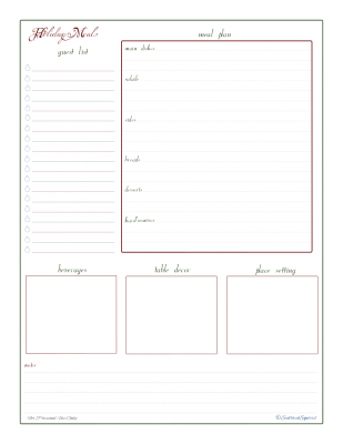 A holiday meal planner, with room for a guest list, meal plan by dish, table decor ideas, place setting ideas and beverages.