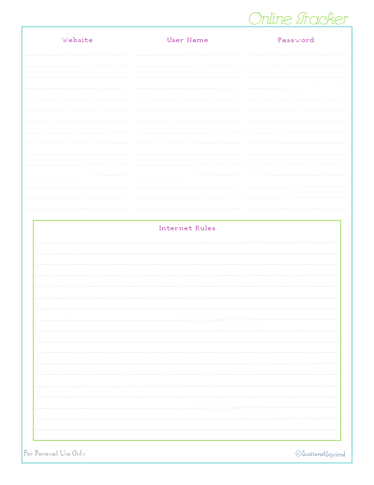 free printable, home management binder, kids section, password log