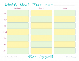 A weekly meal planner with room for breakfast, lunch, and dinner. In the colours yellow and green with the fonts in blue and purple.