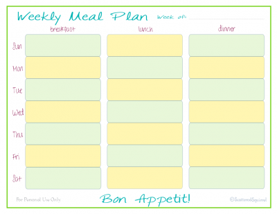 A weekly meal planner with room for breakfast, lunch, and dinner. In the colours yellow and green with the fonts in blue and purple.