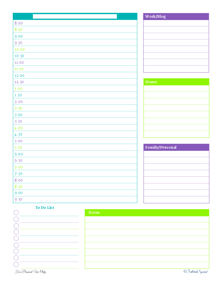 This daily planner page is great for those who like to make lists. Keep track of various different categories of tasks, and schedule your day, all in one handy place.