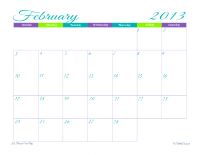 Dated monthly calendar in landscape format for February, 2013