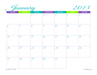 Dated monthly calendar in landscape format for January, 2013