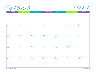 Dated monthly calendar in landscape format for month of March, 2013