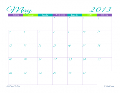 Dated monthly calendar in landscape format for May, 2013