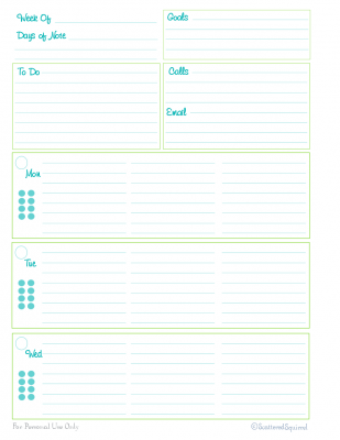 Left page of a two pages per week planner, with room for noting goals, to-do, calls, and emails for the week. Then room for planning Monday, Tuesday and Wednesday.