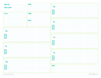 Half letter two pages per week planner, with room for noting goals, to-do, calls, and emails for the week on the top left hand page. Then space for planning Monday through Sunday divided on the remain room of the left hand side and the whole right hand side.