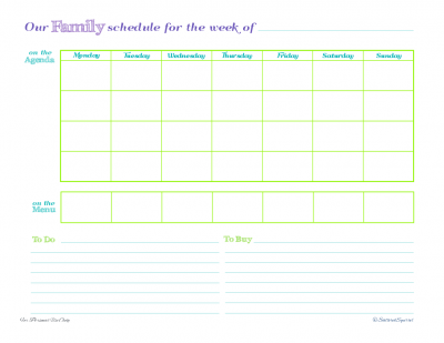 Family schedule planner, with a weekly planner with room for 4 family members schedule, a meal planner, and place to note things to do and things to buy.