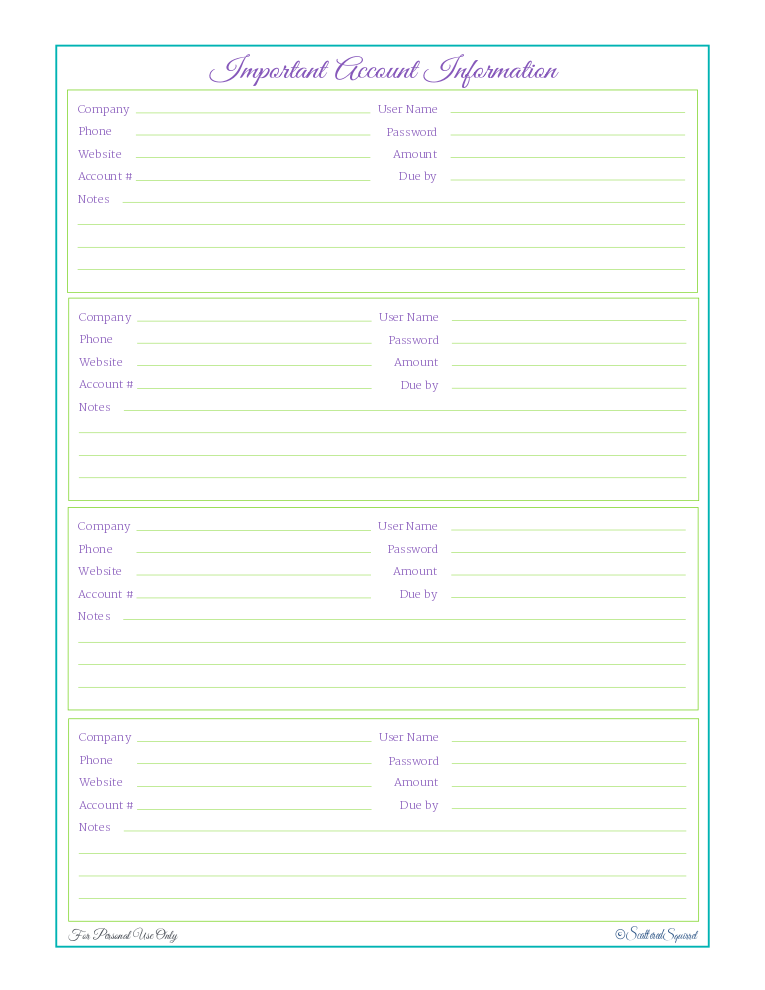 free printable, home managment binder, finance section, account information saver