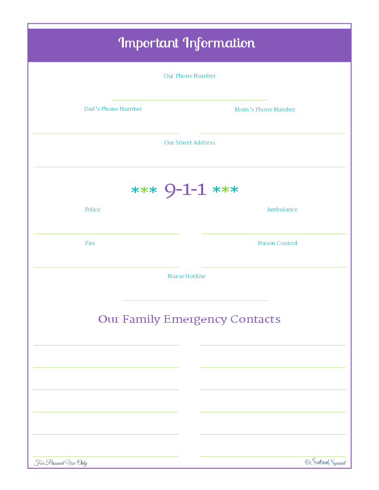 free printable, home management, emergency information and contact numbers