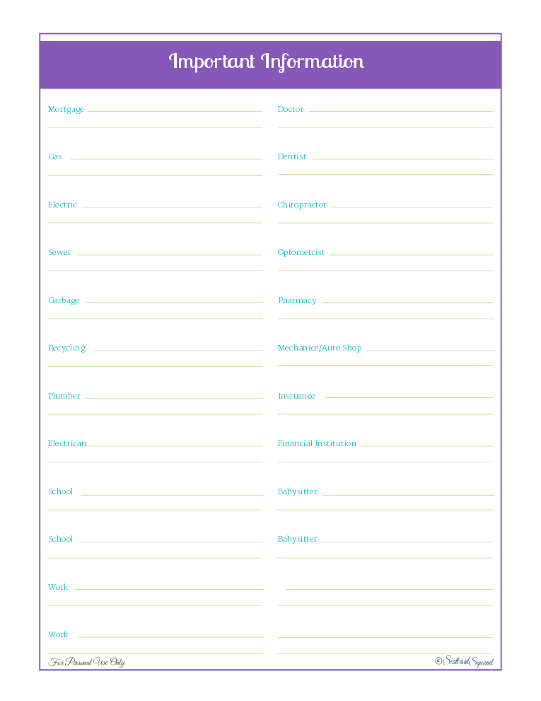 free printable, home management binder, important information