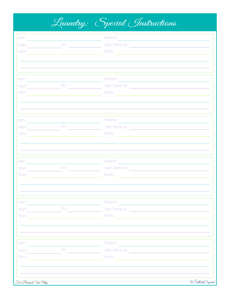 free printable, home management binder, home care section, instruction reference sheet for specail laundry items