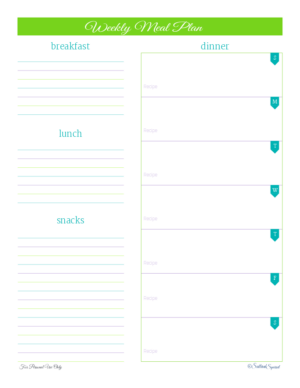 Weekly meal planner printable with lists down the left for breakfast, lunch, and dinner. Down the right are boxes labeld with the initial of the day of the week for you to plan dinners.