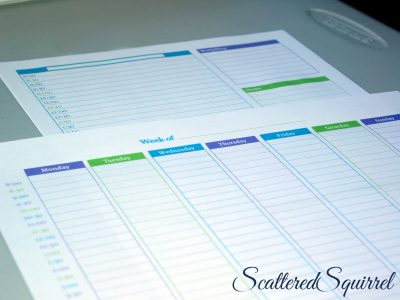 Daily and weekly planner pages printed and on a grey table.