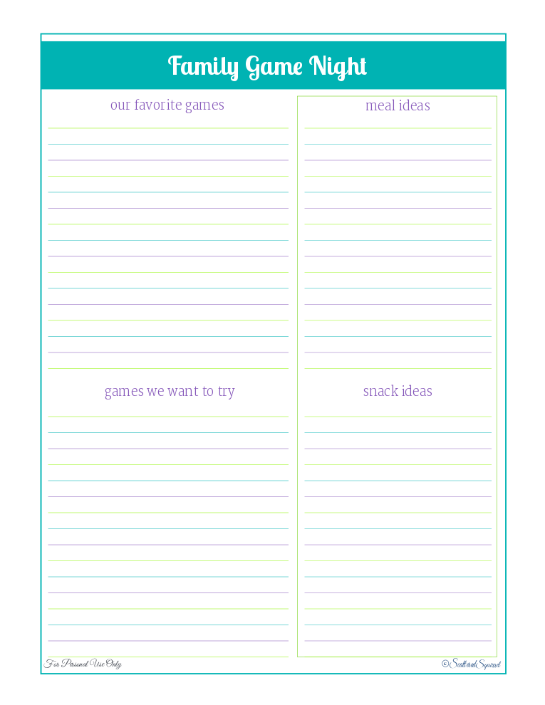 free printable, home management binder, family section, game night planner from Scattered Squirrel