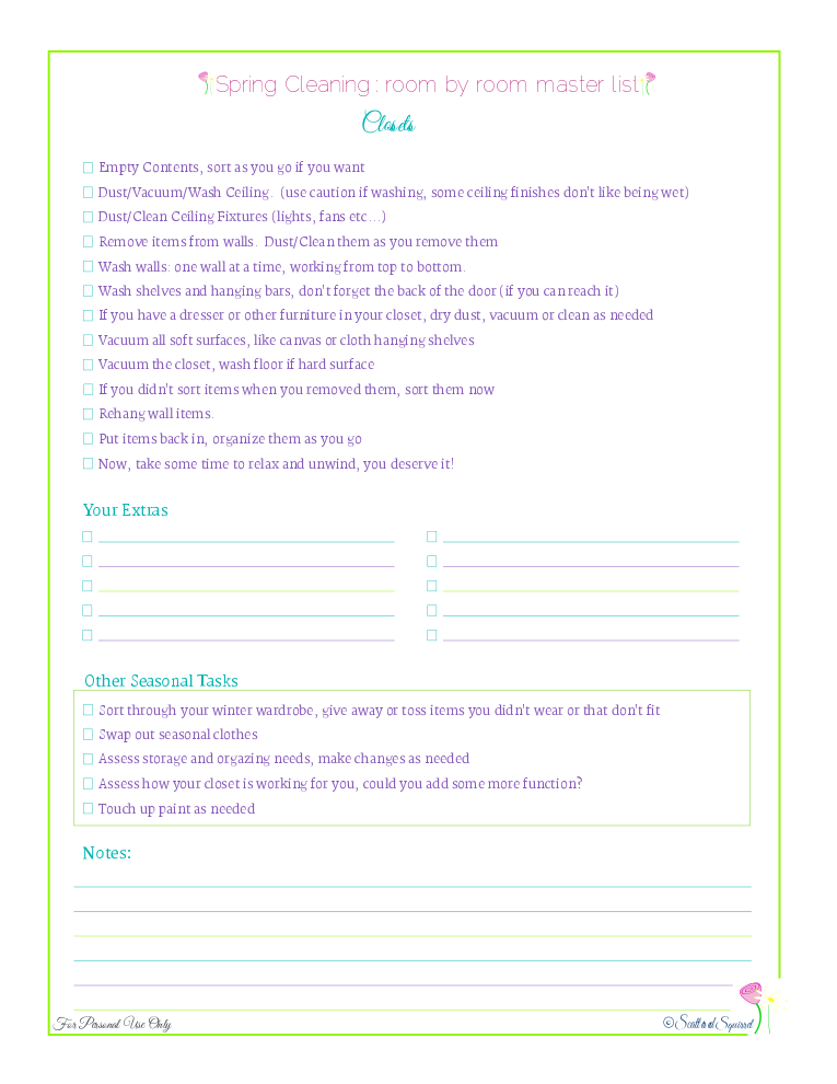 free printable spring cleaning master checklist for closets, from Scattered Squirrel