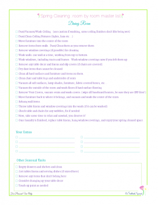 free printable spring cleaning master checklist for dining rooms, from Scattered Squirrel