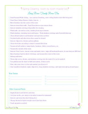 free printable spring cleaning master checklist for living rooms, from Scattered Squirrel