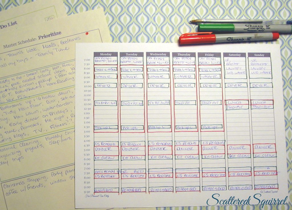 Using the Master To Do and the Prioritize printables to help, I blocked out the first two categories onto our "Typical Week" planner, as time goes on, I can always add more. From ScatteredSquirrel.com