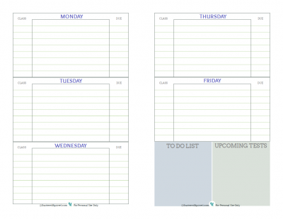 Free printable student planner, designed to help middle and high school students keep track of assignments, up coming tests, and things they need to do.In blue grey and green
