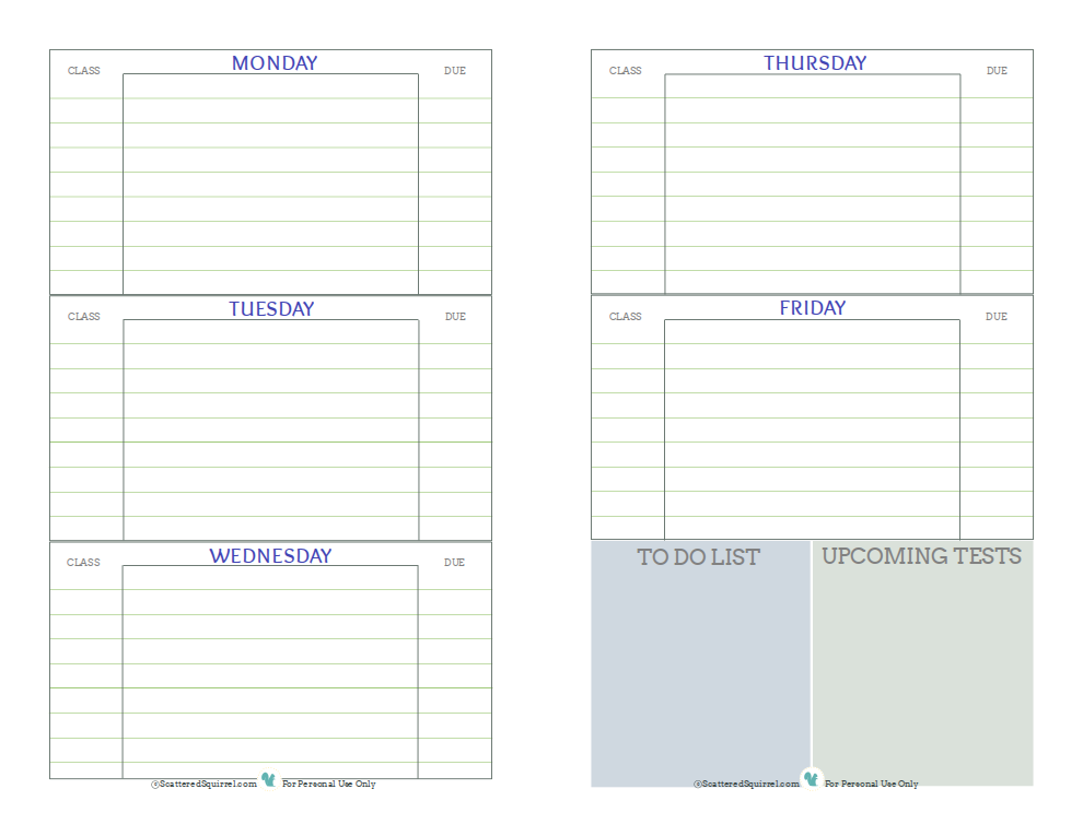 Free printable student planner, designed to help middle and high school students keep track of assignments, up coming tests, and things they need to do. | ScatteredSquirrel.com