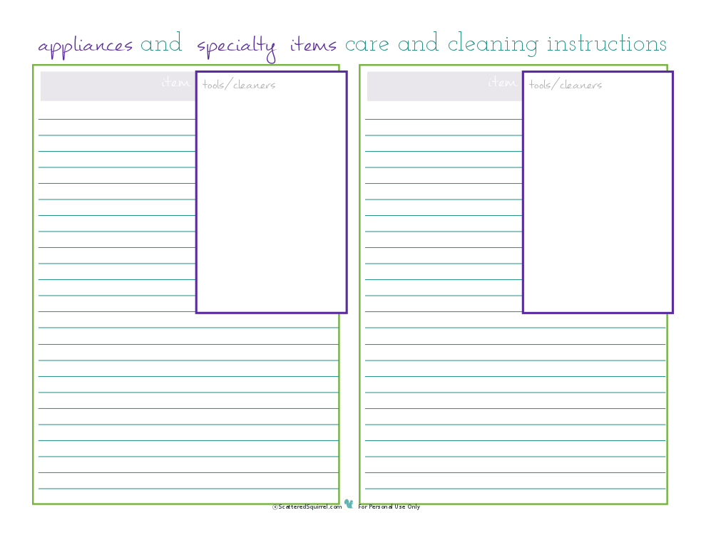 Printable for keeping track of appliance and specialty items cleaning and care instructions for the cleaning section of the kitchen binder. From ScatteredSquirrel.com