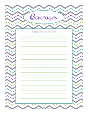 Beverages section divider for kitchen binder recipes section, inlcuding space to make a list of what recipes are in that section. From ScatteredSquirrel.com