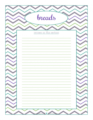Breads section divider for kitchen binder recipes section, inlcuding space to make a list of what recipes are in that section. From ScatteredSquirrel.com