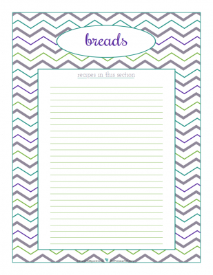 Breads section divider for kitchen binder recipes section, inlcuding space to make a list of what recipes are in that section. From ScatteredSquirrel.com