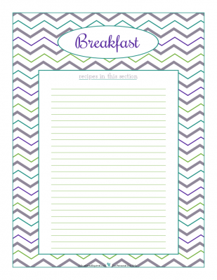 Breakfast section divider for kitchen binder recipes section, inlcuding space to make a list of what recipes are in that section. From ScatteredSquirrel.com