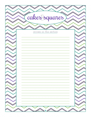 Cakes and Squares section divider for kitchen binder recipes section, inlcuding space to make a list of what recipes are in that section. From ScatteredSquirrel.com