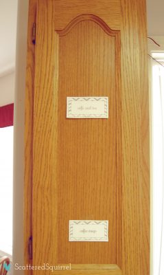 Labels on the outside of a cupboard door can be handy after you reorganize your kitchen: ScatteredSquirrel.com