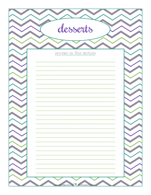 Desserts section divider for kitchen binder recipes section, inlcuding space to make a list of what recipes are in that section. From ScatteredSquirrel.com