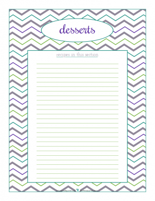 Desserts section divider for kitchen binder recipes section, inlcuding space to make a list of what recipes are in that section. From ScatteredSquirrel.com