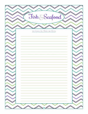 Fish and Seafood section divider for kitchen binder recipes section, inlcuding space to make a list of what recipes are in that section. From ScatteredSquirrel.com