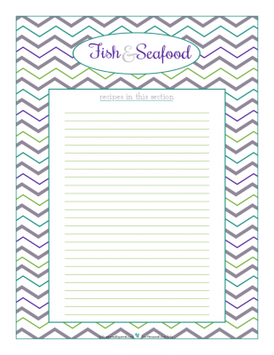 Fish and Seafood section divider for kitchen binder recipes section, inlcuding space to make a list of what recipes are in that section. From ScatteredSquirrel.com