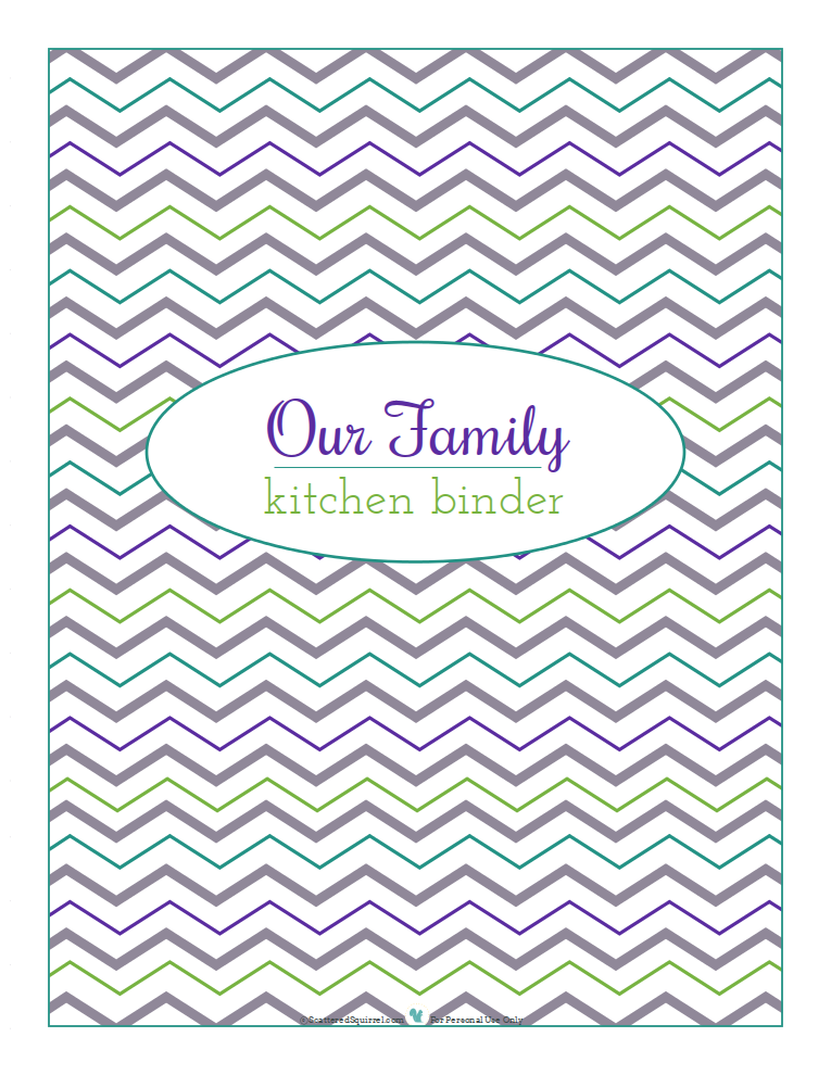 Cover page for kitchen binder, chevron background. Free printable from ScatteredSquirrel.com