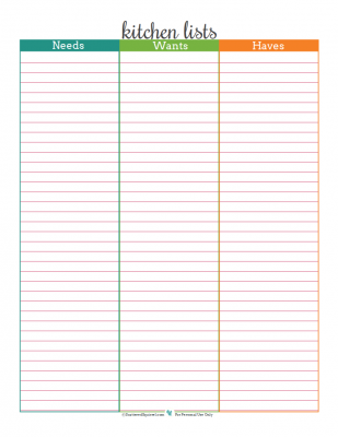 Kitchen lists to help keep track of what you have, what you need and what you want for your kitchen. Free printable from ScatteredSquirrel.com