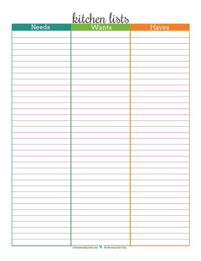 Kitchen lists to help keep track of what you have, what you need and what you want for your kitchen. Free printable from ScatteredSquirrel.com