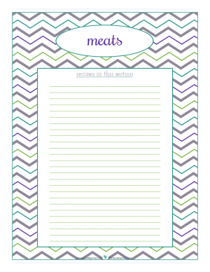 Meats section divider for kitchen binder recipes section, inlcuding space to make a list of what recipes are in that section. From ScatteredSquirrel.com