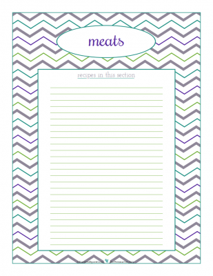 Meats section divider for kitchen binder recipes section, inlcuding space to make a list of what recipes are in that section. From ScatteredSquirrel.com