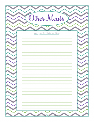 Other Meats section divider for kitchen binder recipes section, inlcuding space to make a list of what recipes are in that section. From ScatteredSquirrel.com