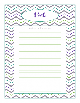 Pork section divider for kitchen binder recipes section, inlcuding space to make a list of what recipes are in that section. From ScatteredSquirrel.com